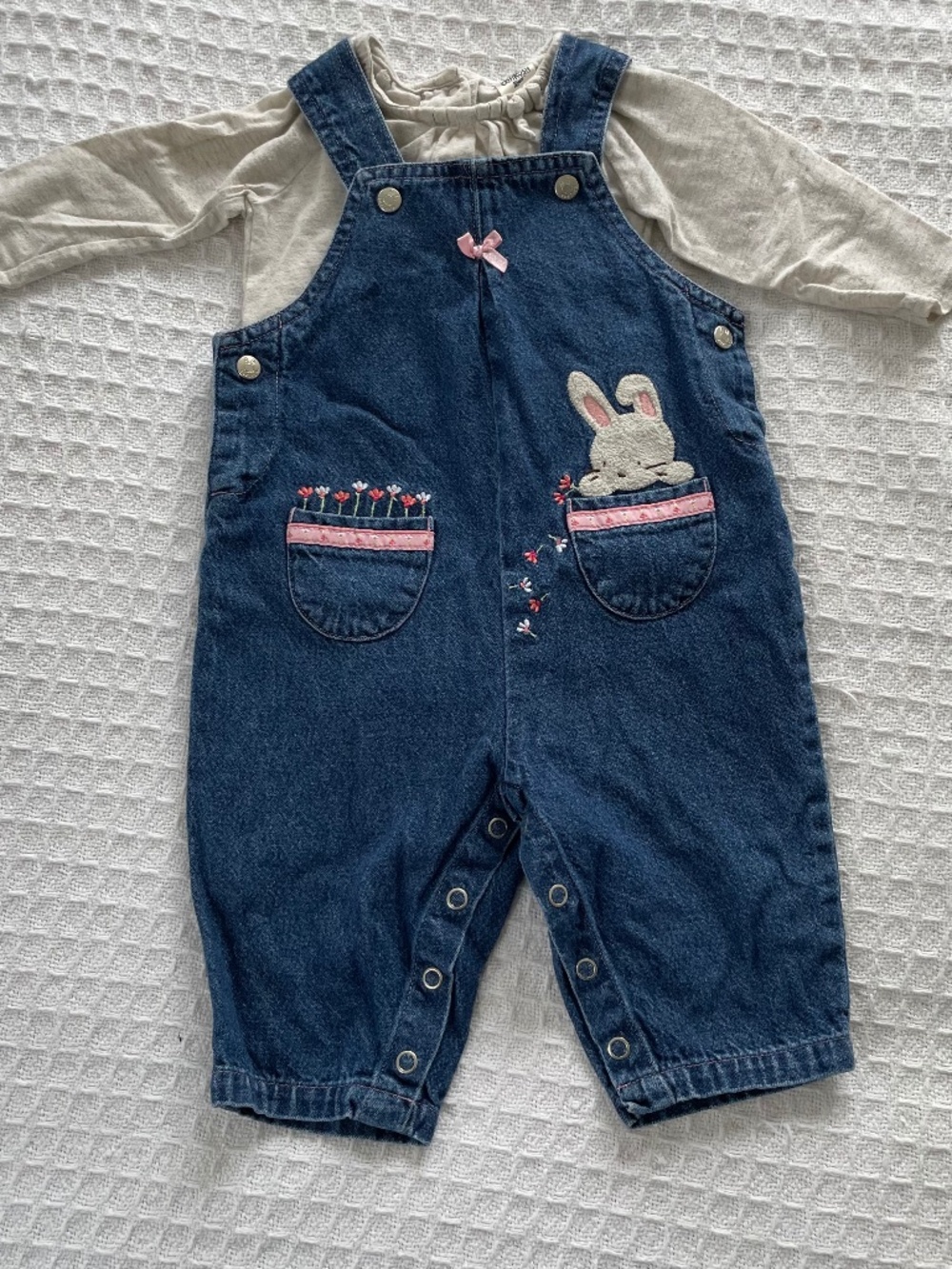 Denim Bunny Overall's w/Tan glitter long sleeve bodysuit - Size 6-9m